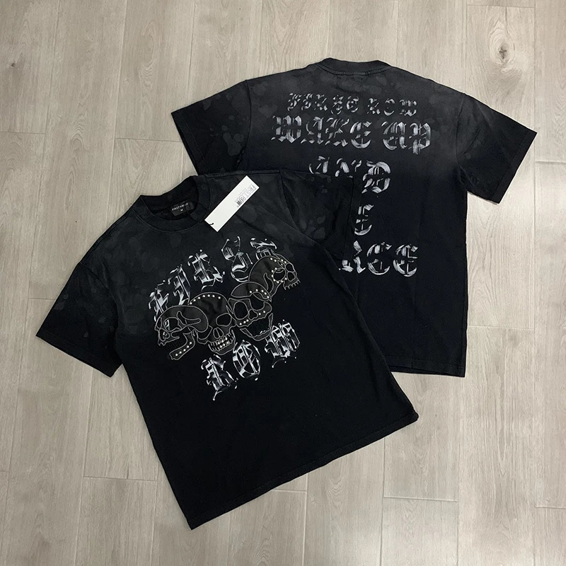 FIRST ROW T-Shirts street fashion American Style Drill Letters Mens Womens High Quality Short Sleeves Black Washed Tee 260304