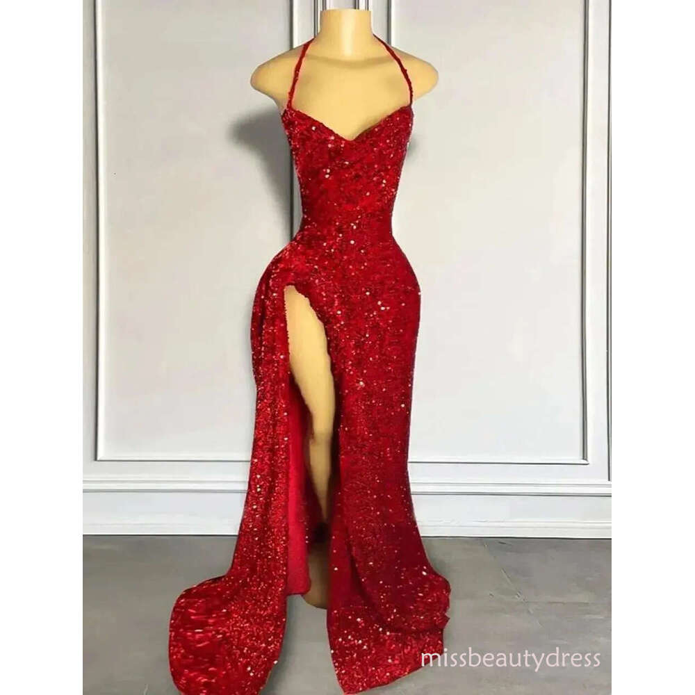 Prom Dresses Party Evening Gown Formal Mermaid Sequins Custom Zipper Lace Up Plus Size New Spaghetti Sleeveless Dark Red Thigh-High Slits