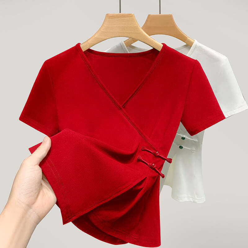 New Chinese Style Women's T-Shirt with National Style Buttons Waist-Cinching Premium Solid Color V-Neck Top
