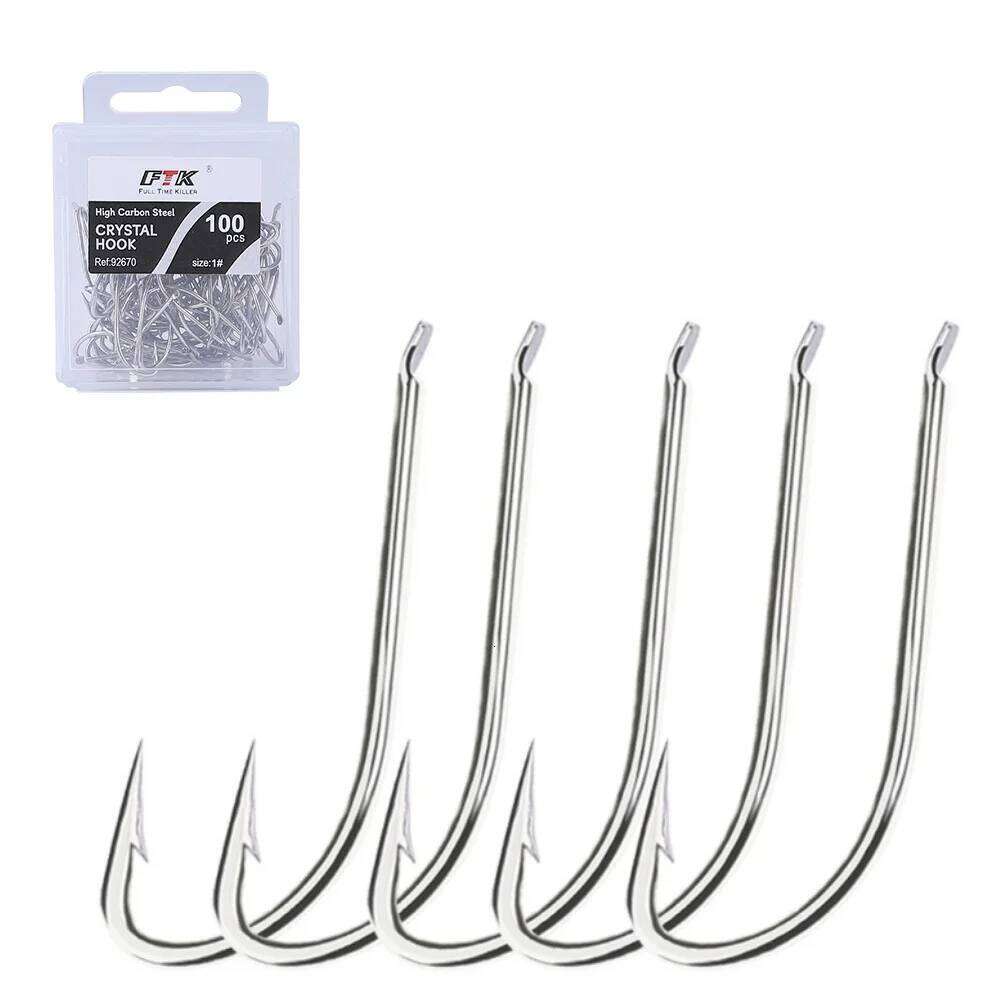 FTK 100PCS High Carbon Steel Hooks Carp Fishing 92670 Crystal Sharp Long Shank Fishhook Flat Accessories S260305