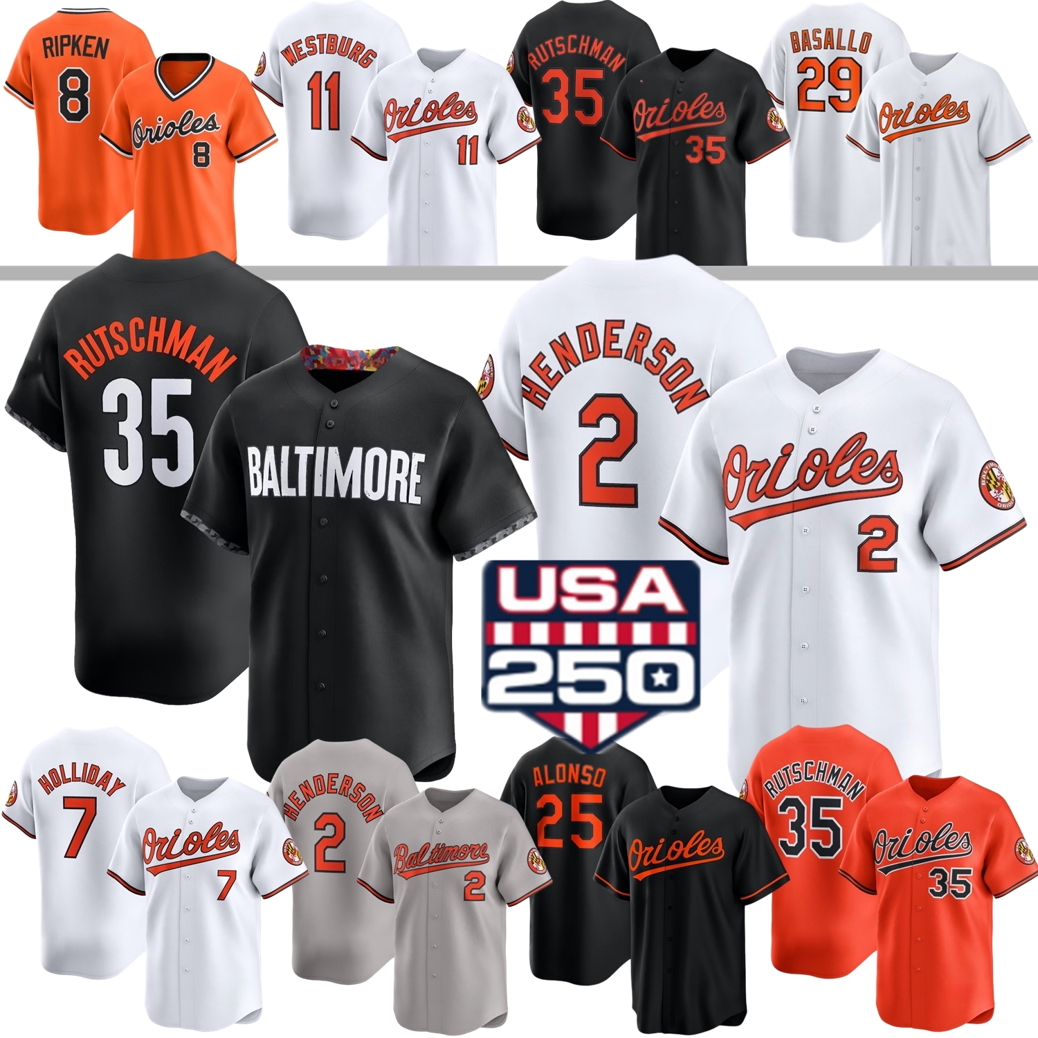 Orioles Baseball Jersey Baltimore Jackson Holliday Gunnar Henderson Adley Rutschman Pete Alonso Samuel Basallo Bautista Mayo Cowser Mountcastle Helsley Basallo