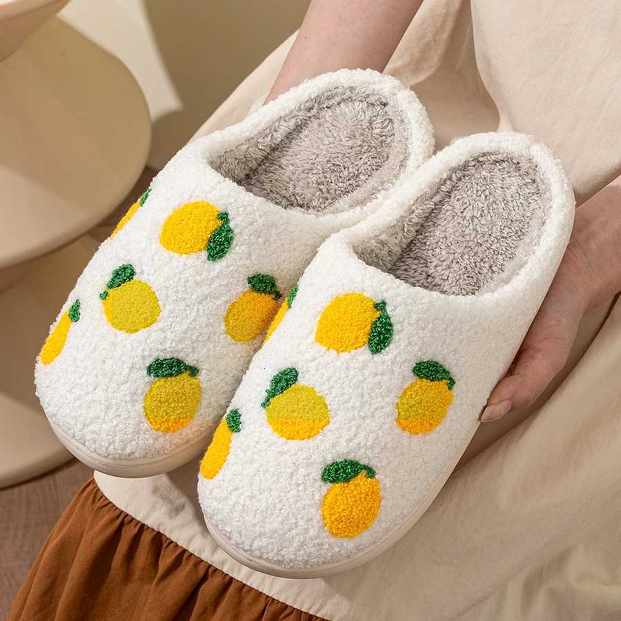 Lemon Embroidered Pattern Leisure Cute Home Womens Slippers Simple Winter Indoor Soft Sole Warm Bedroom Plush Shoes Comfy Fruit S260305
