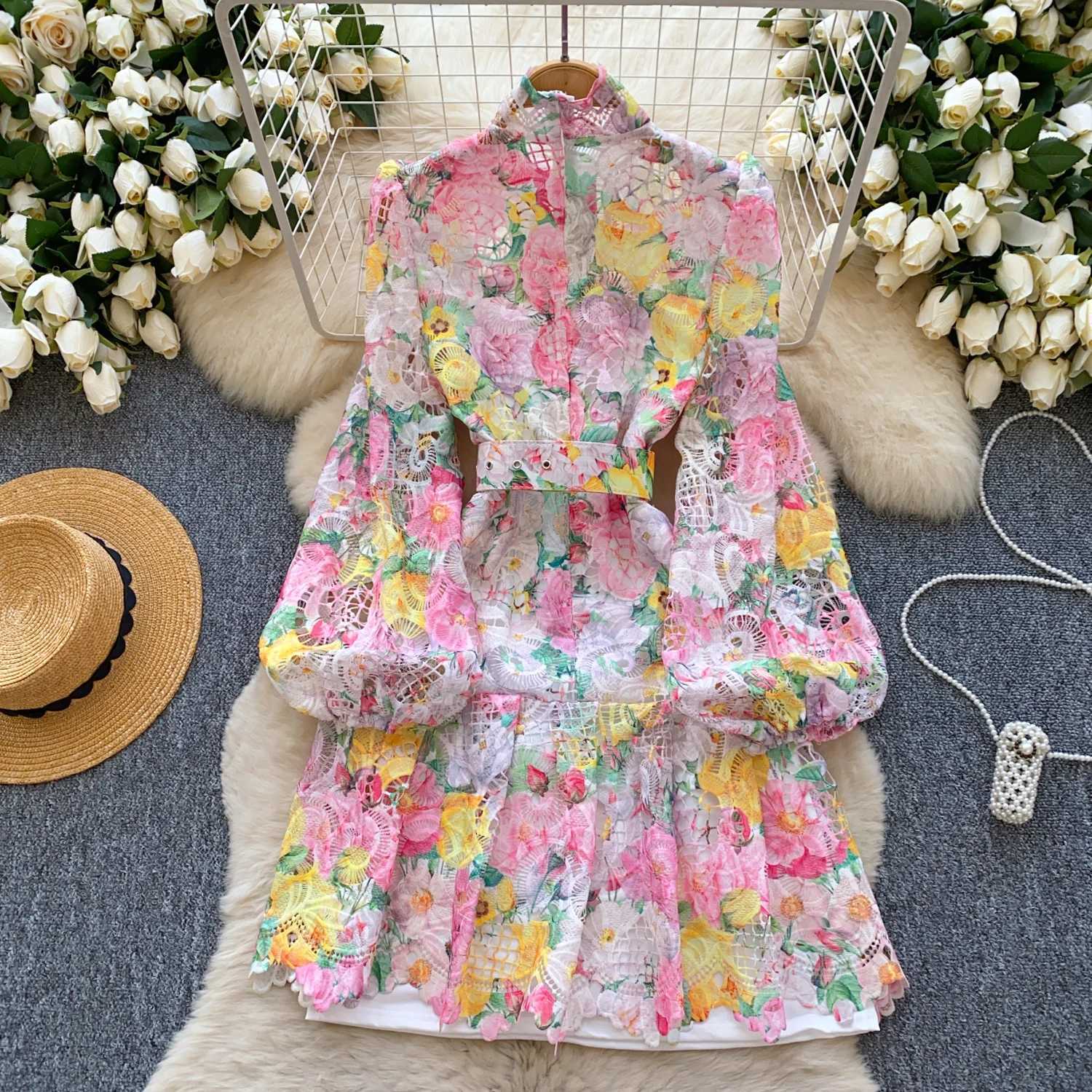 Women Sexy vintage Hook flower hollow lace lantern sleeve Single Breasted O Neck Dress Elegant Long Sleeve Slim mini dress X260306