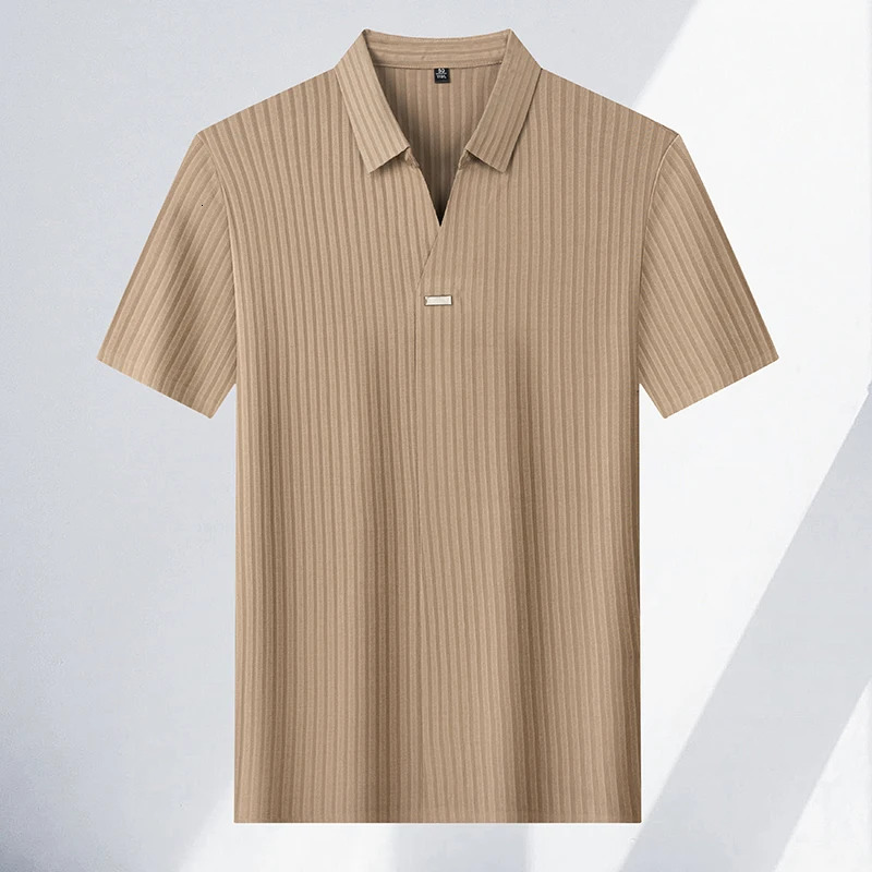 High quality personality texture stripe short sleeve polo shirt summer ice silk breathable buttonless mens solid color T-shirt 260304
