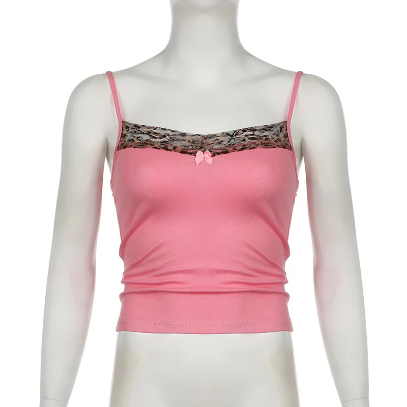 Vintage Leopard Print Stitched Crop Top Women Casual Sleeveless Cute Bow Patchwork Strap Tees y2k Summer Crop Tops Ladies 260306