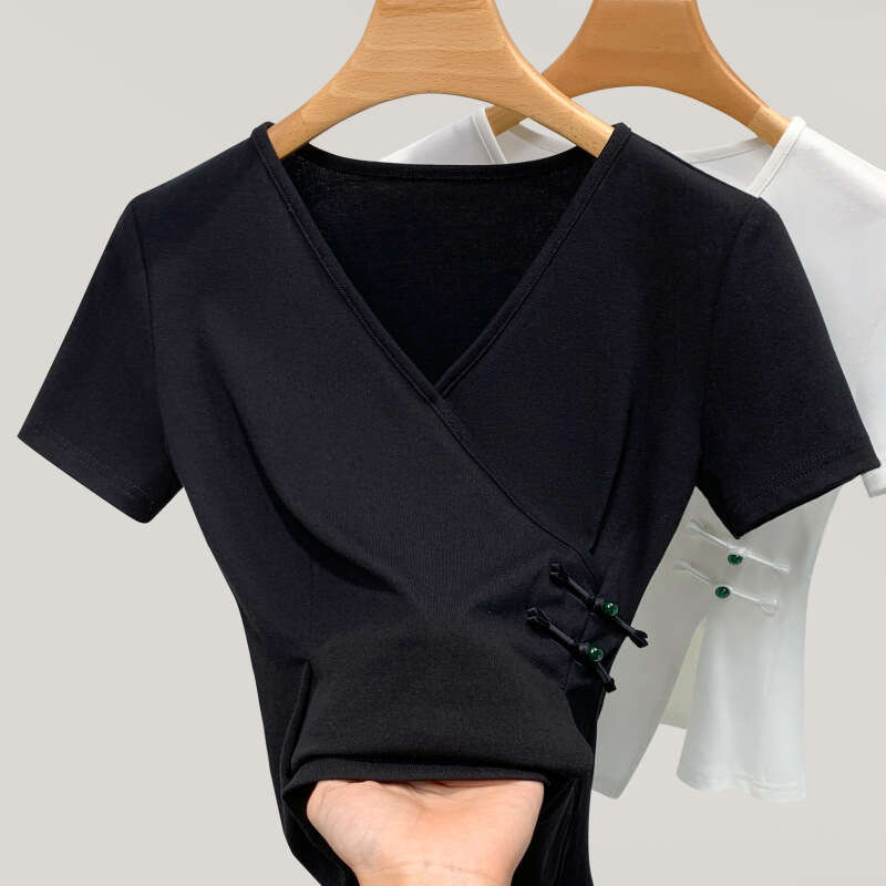 New Chinese Style Women's T-Shirt with National Style Buttons Waist-Cinching Premium Solid Color V-Neck Top