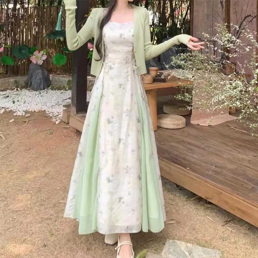 Chinese Modern Style Spaghetti Strap Lace Up Young Girls Green Pink Fashion Summer Midi Dresses 2024 X260306