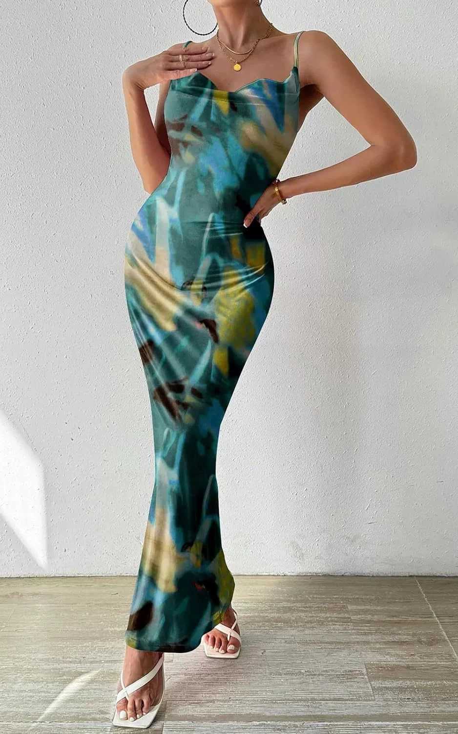 Summer Women Sexy Backless Slim Bohemian Dress Elegant Halter Pattern Print Long Dress Hight Waist Sleeveless Beach Dresses X260306