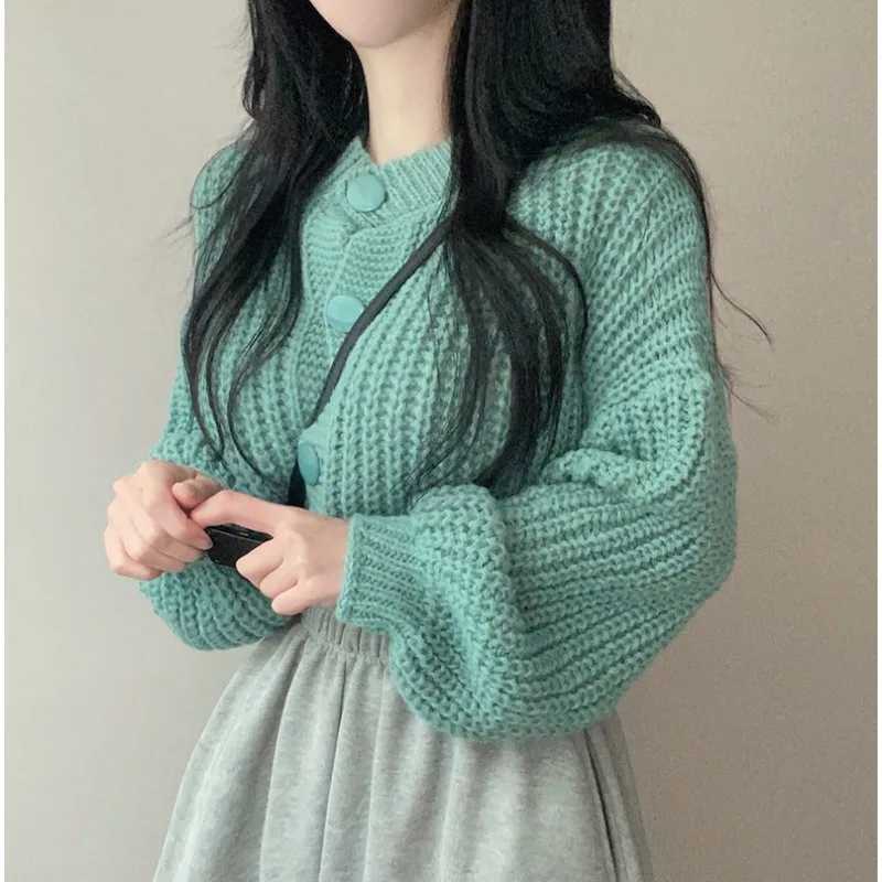 Sweet Simple Solid Color O Neck Womens Short Knitted Cardigan Autumn Fashion Button Lady Casual Long Sleeve Jacket Korean New M260306