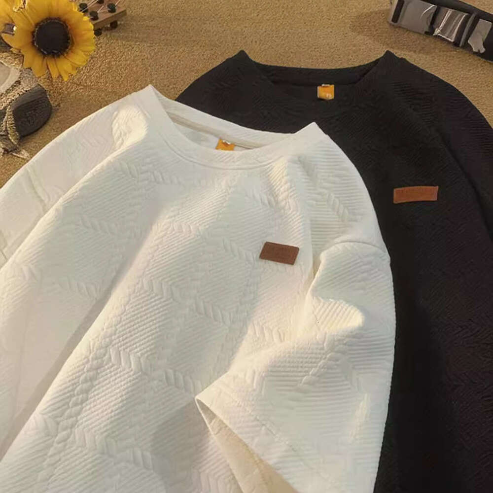 Men's textured jacquard heavyweight T-shirt, summer large size loose fit, round neck casual short-sleeve T-shirt