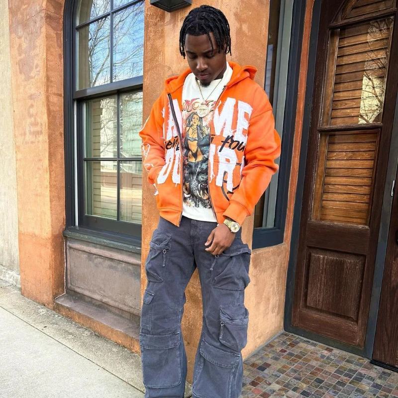 Quick delivery Y2K letter sticker printed street hip-hop style heavyweight hooded sweatshirt cardigan high street jacket 260303