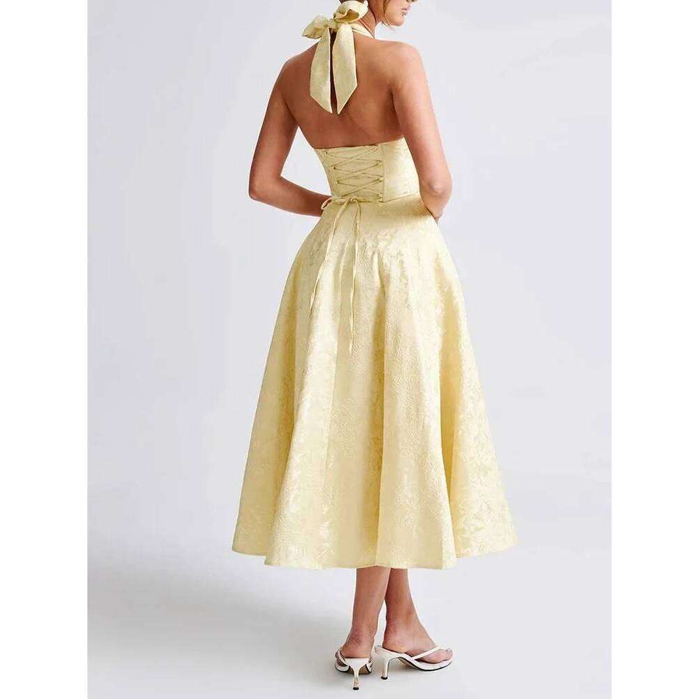 V-Neck Neckline Sleeveless Women's Dress Jacquard Tie Waist Resort Style Long Senior Party Dresses Summer New Mdng260306