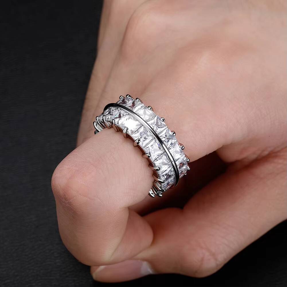 New Luxury Hip Hop Two Row Baguette Lab Diamonds Wedding Band Rings Exquisite Jewelry Iced Out Cubic Zircon Women Men Party Gift