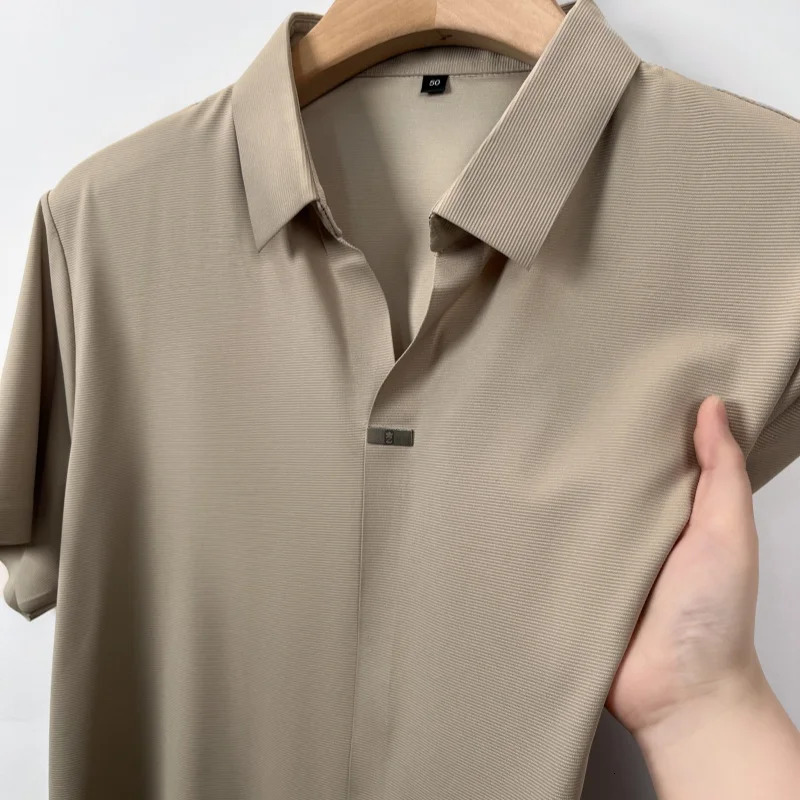 High end classic solid color patch decoration mens short sleeved POLO shirt summer silk ice silk casual business T-shirt 260304