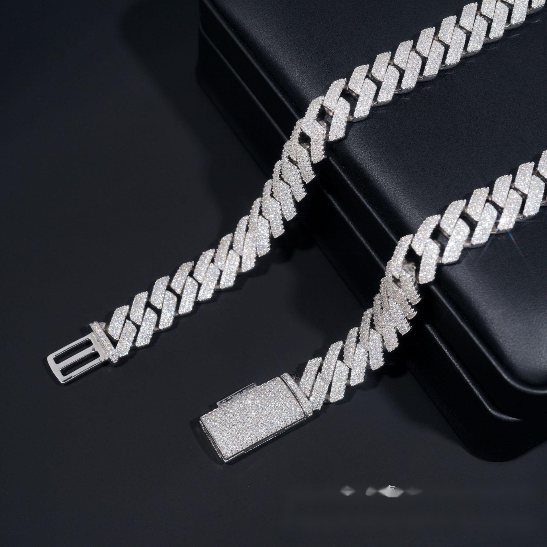 Best-selling hip-hop 14mm full diamond three-row 925 silver inlaid moissanite diamond-shaped personalized Cuban chain accessory GRA