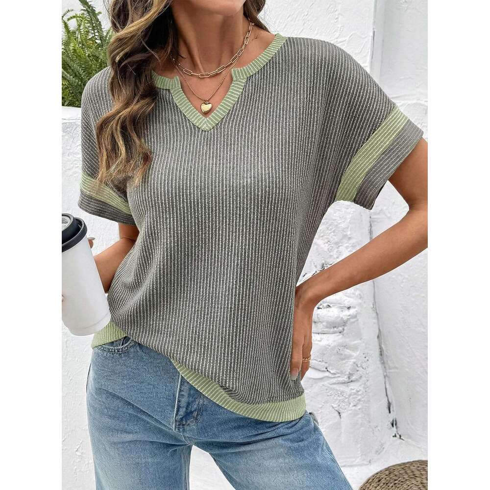 Designer Womens Summer Tops 2026 Colorblock V Neck Short Sleeve T Shirts Dressy Casual Clothes Vacation Outfits