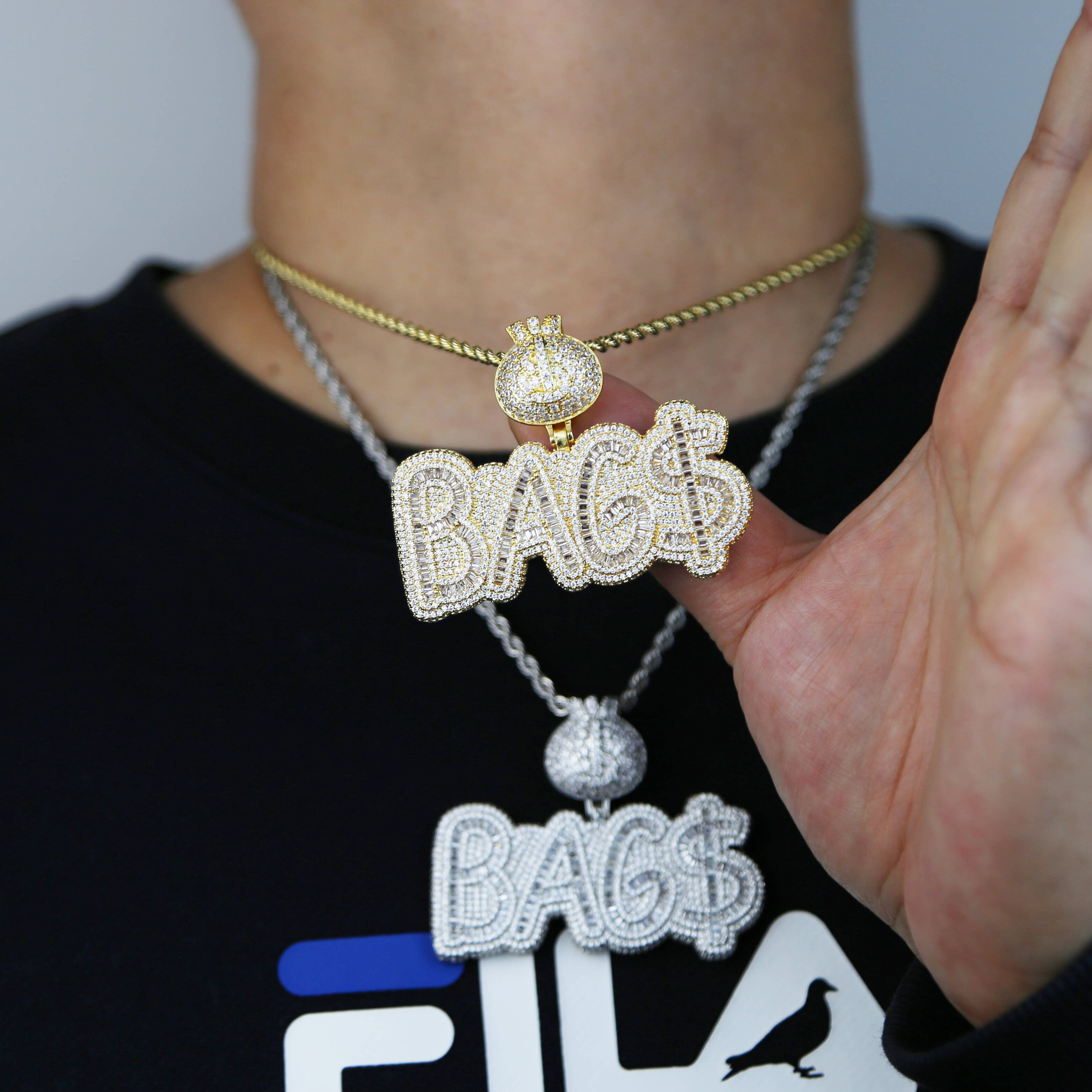 Promotion Iced Out Bling Silver Gold Colors Hip Hop Jewelry Micro Pave vvs moissanite Letter Dollar Money Bag Mens Pendant
