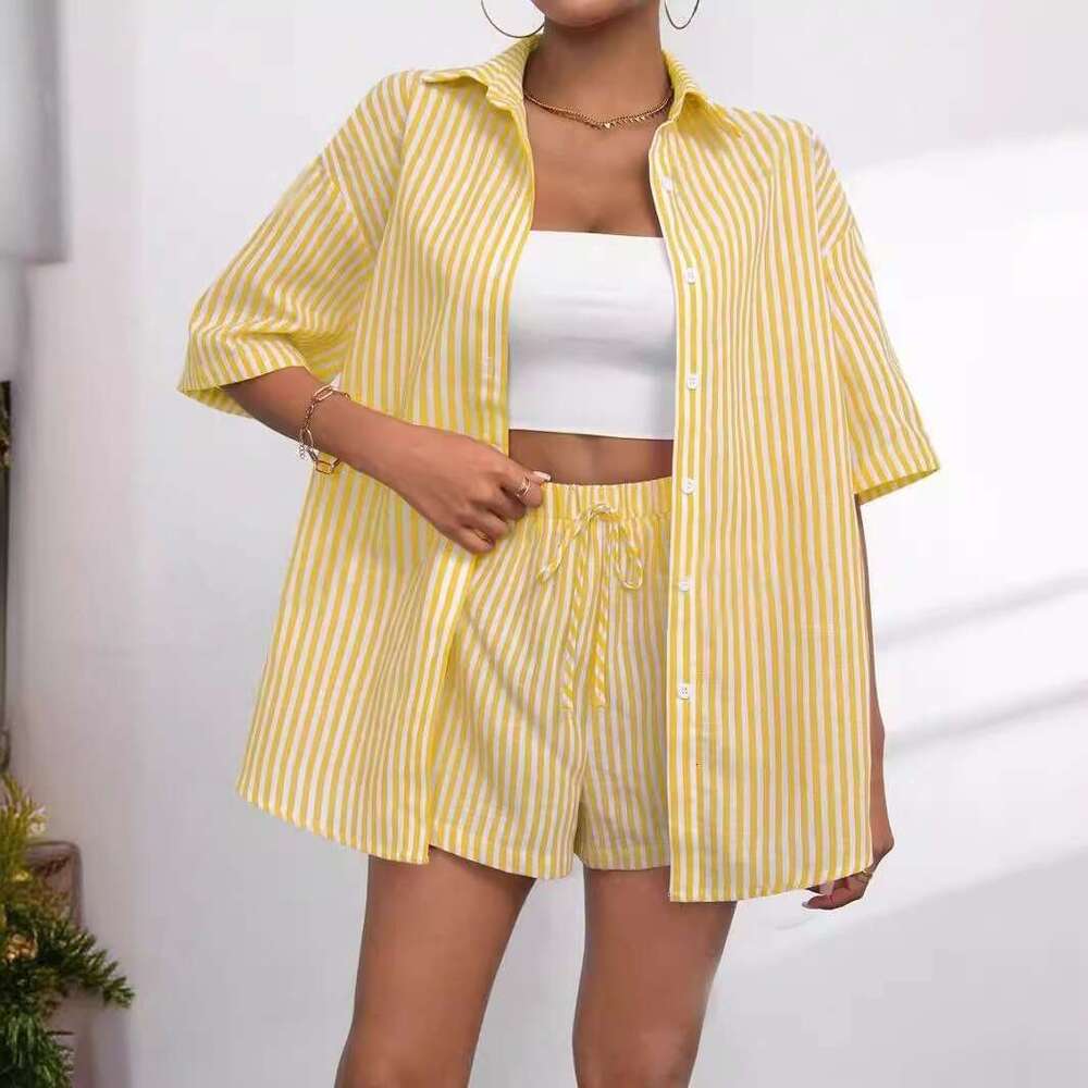 Spring summer cross-border European American women's clothing, new fashion striped short-sleeve shirt with collar and shorts casual two-piece set