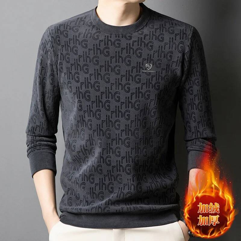 Fleece Thickened Oufen Sweatshirt Men Winter Round Neck Fashionable Jacquard Warm Long-sleeved T-shirt Base Men's Clothing
