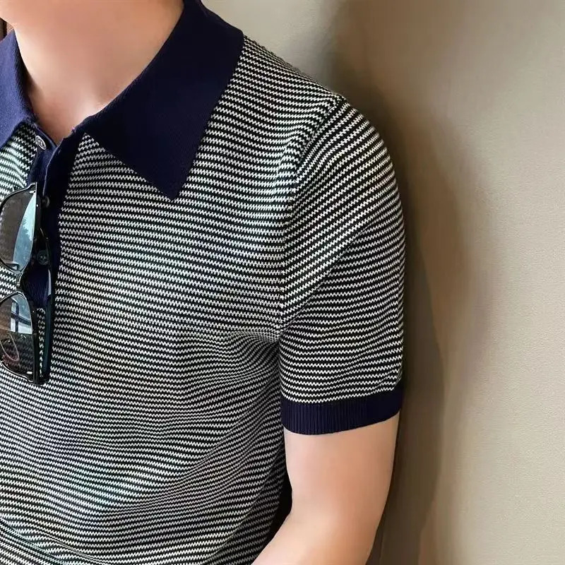 Summer Fashion Smart Casual Trendy Ice Silk Knit Polo Shirt Mens Panelled Stripe Lapel Button Versatile Short Sleeved Top 260304