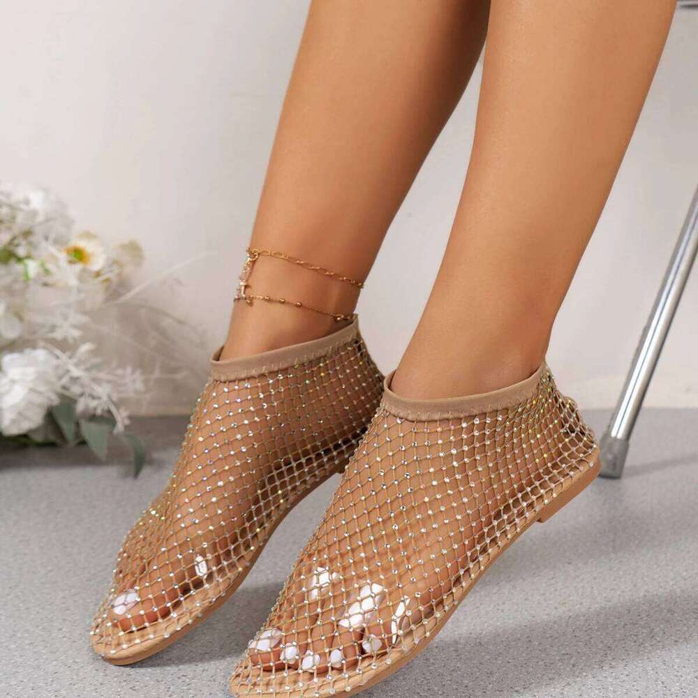 2025 Round Toe Sandals With Hollowed Out Diamond Studded Internet Famous Short Boots Summer Sexy Plus Size Flat Shoes