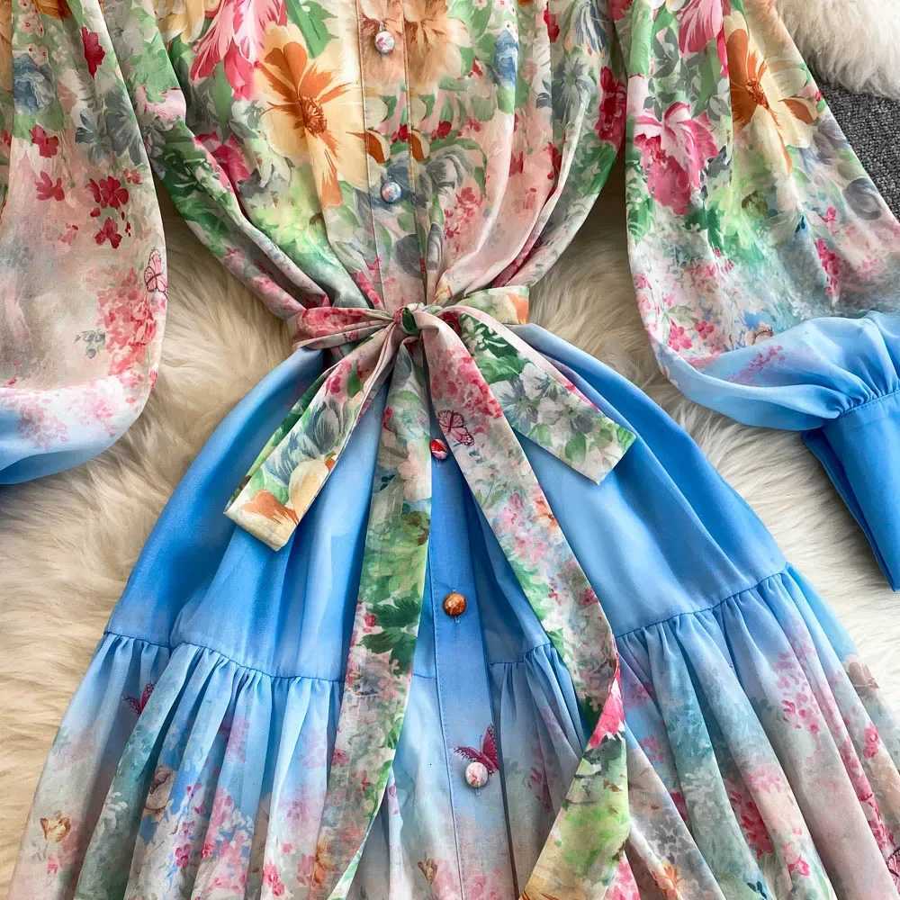 French Court Style Women Dress Spring New Floral Print Slim Waist A-line Big Swing Robe Stand Collar Lantern Sleeve Vintage Ropa X260306