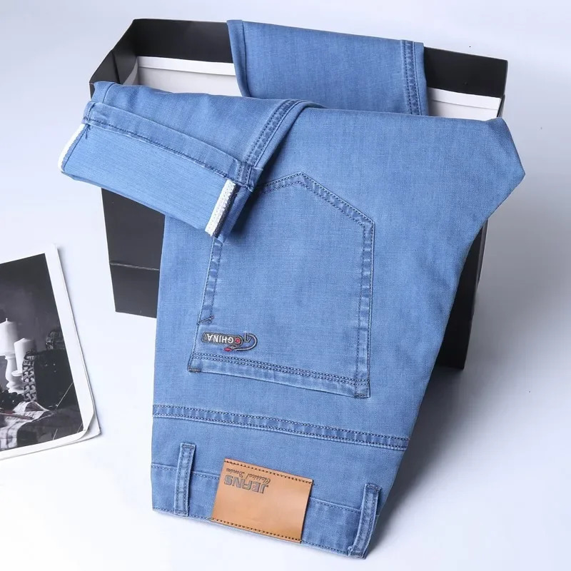 Ice Silk Thin Denim Jeans for Men Blue Straight Stretch Cotton Pant Business Casual Lightweight Trousers Spring Summer 260228
