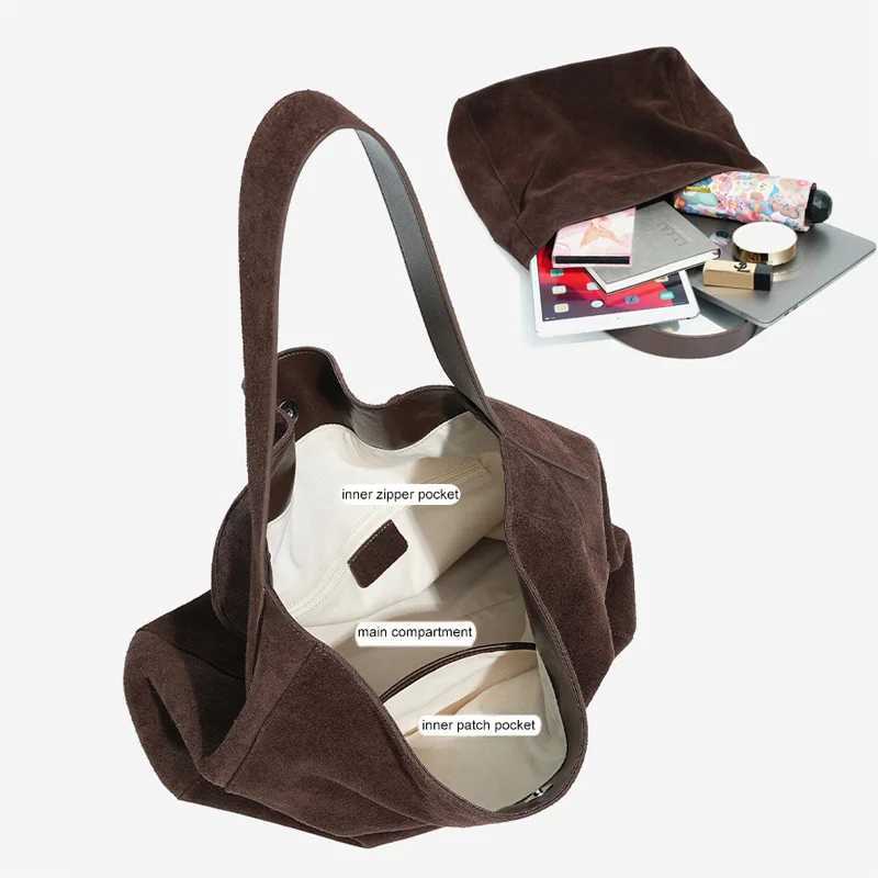 2025 Womens Frosted Leather Tote Bag Large Capacity Soft Suede Bucket Handbag Lady Minimalist Underarm Hobo Shoulder Bag H260306