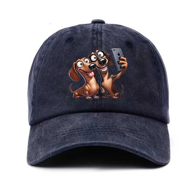 Dachshund Selfie Cartoon Print Baseball Cap Vintage Washed Adjustable Snapback Dog Lovers Casual Sun Hat S260306