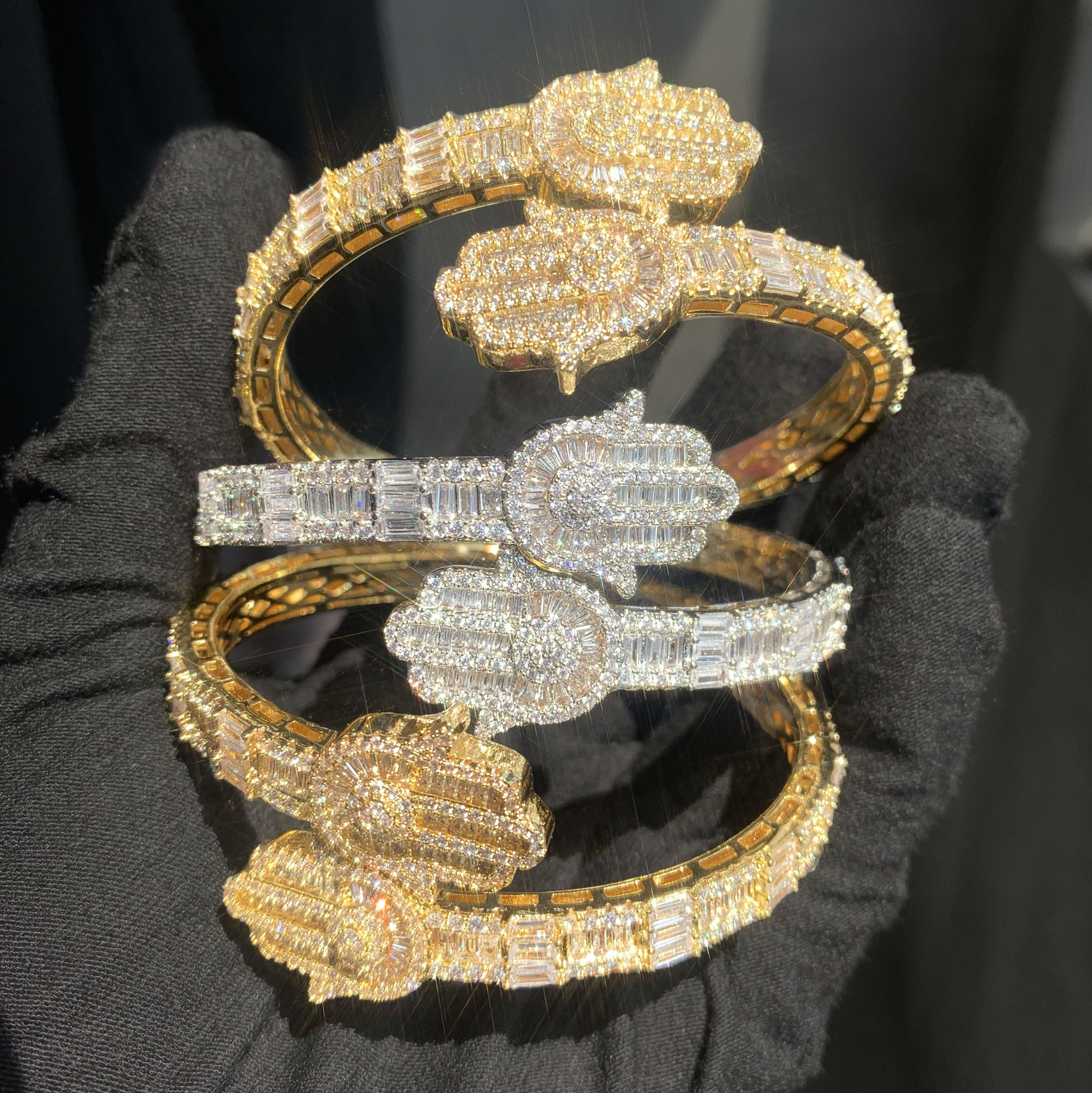 New Iced Out Bling Micro Pave 5A CZ Zircon Baguette Diamond Hamsa Hand Openning Bangle for Men Women Hip Hop Luxury Jewelry