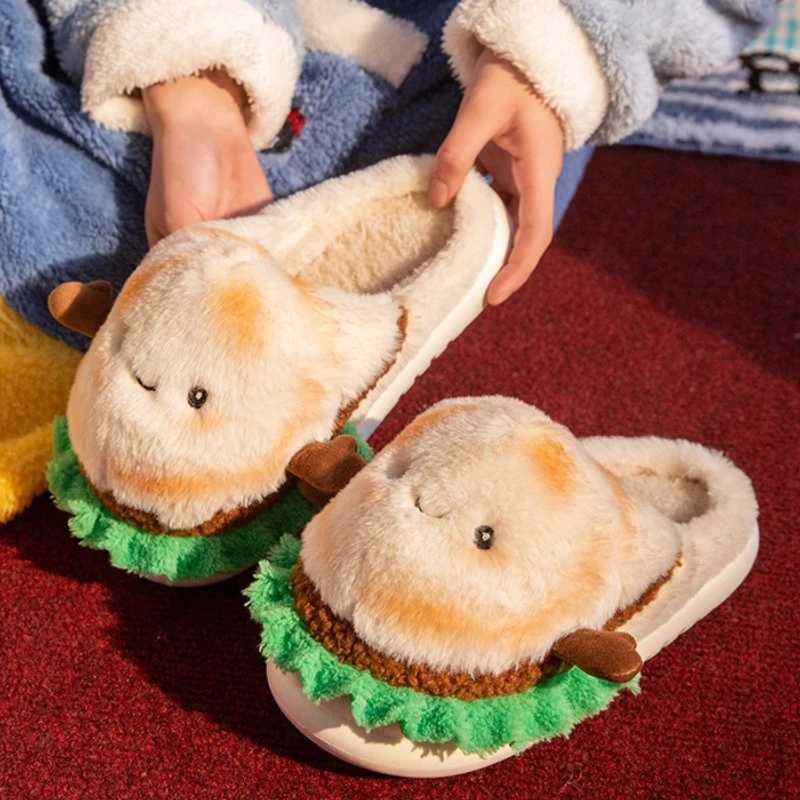 Cute Cartoon Fluffy Slippers For Women Men Autumn Winter House Shoes Warm Plush Anti-slip Furry Fries Couples Home Cotton Slides S260305
