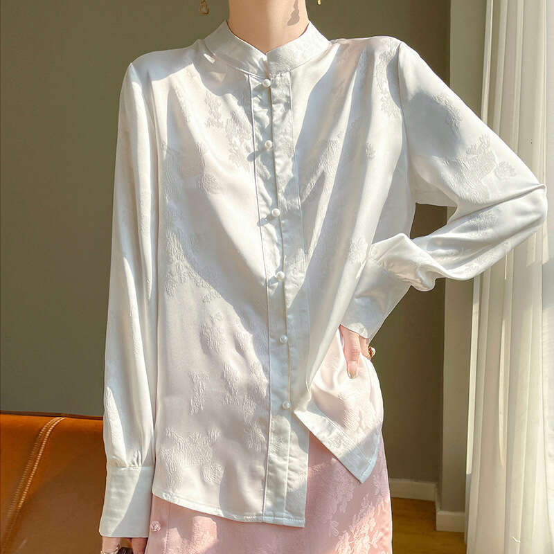 Mardi Hefxessdr Women's Long Sleeve Loose Fit Stand Collar Elegant All-Match Satin Fabric Imitation Chinese style shirt women's clothing