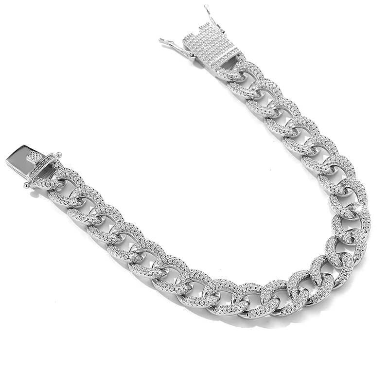 Factory Wholesale Fashion Jewelry 925 Sterling Silver Rhodium Plated 10mm CZ Zircon Cuban Chain Link Bracelet 12/15