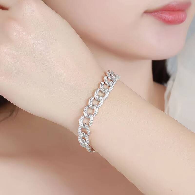 Factory Wholesale Fashion Jewelry 925 Sterling Silver Rhodium Plated 10mm CZ Zircon Cuban Chain Link Bracelet 12/15
