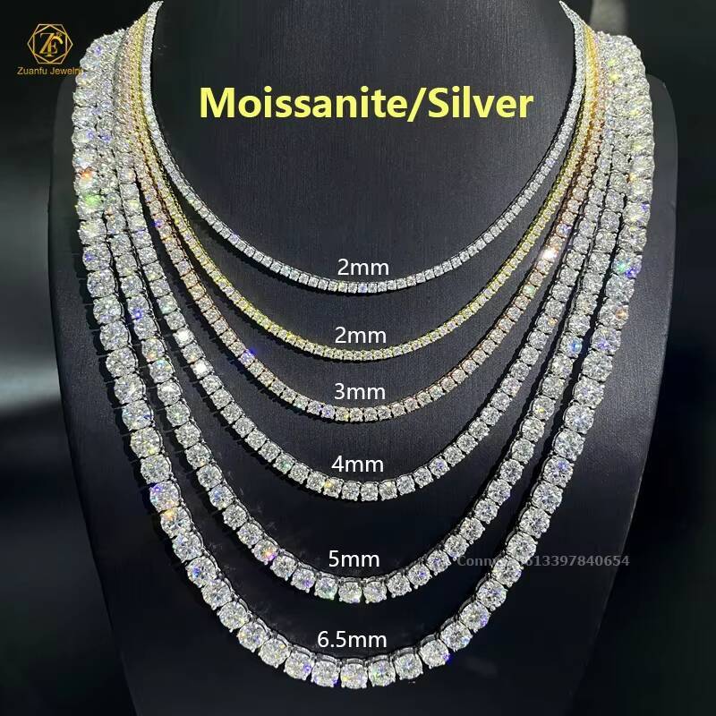 Factory Wholesale Moissanite Jewelry 925 Silver Hip Hop Rock Diamond Chain 2mm 3mm 4mm 5mm 65mm VVS Moissanite Tennis Necklace