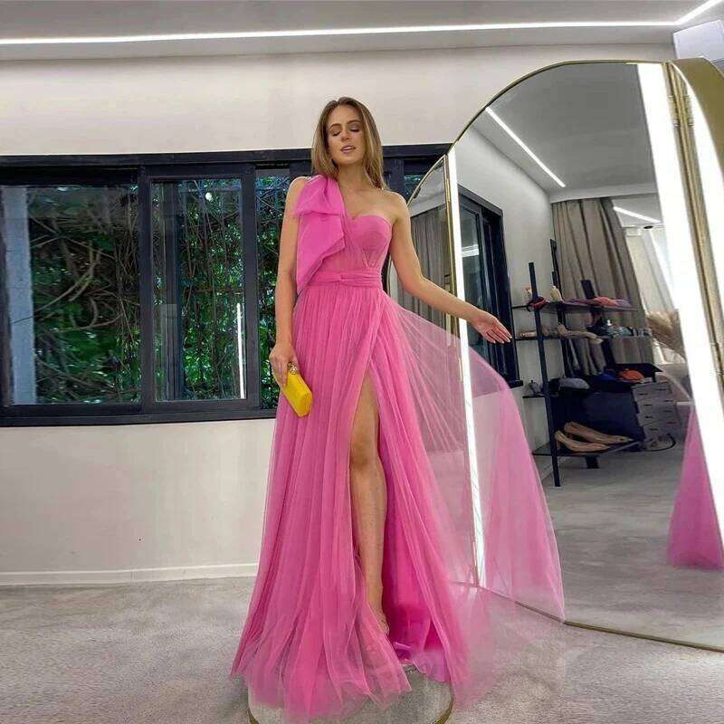 Prom A Line Tulle Fuschia One Shoulder Bones Slit Floor Length Women Evening Long Formal Occasion Dress Customized