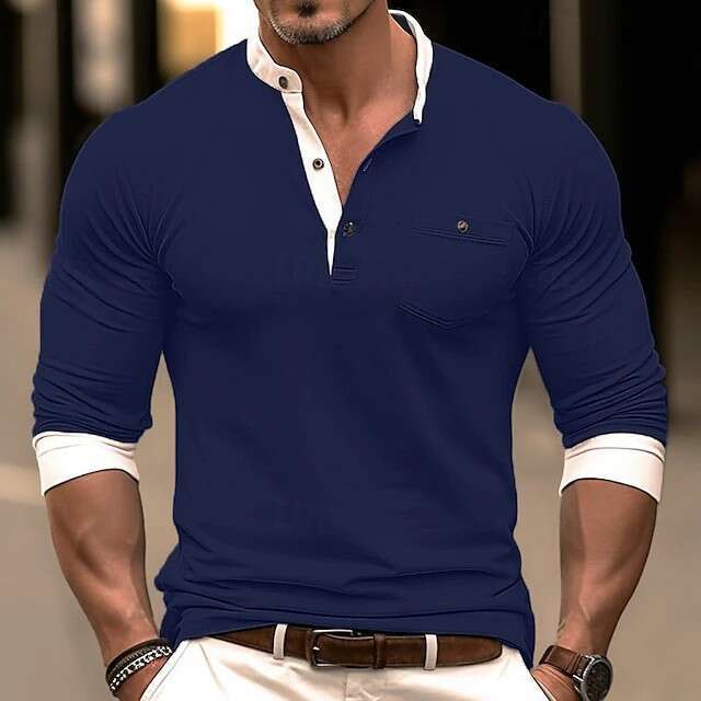 Amazon European and American Long Sleeve Crew Base Shirt Foreign Trade Men's T-Shirt Henley Neck Top