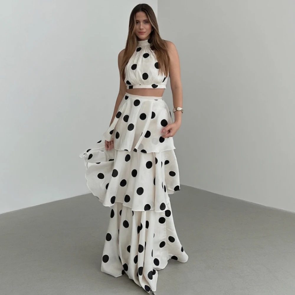Tuularose Women Long Dress 2 Piece Elegant Polka Dot Sleeveless Top Ruffle Pleated Dress Set Party Sexy Female Dress Set 260304