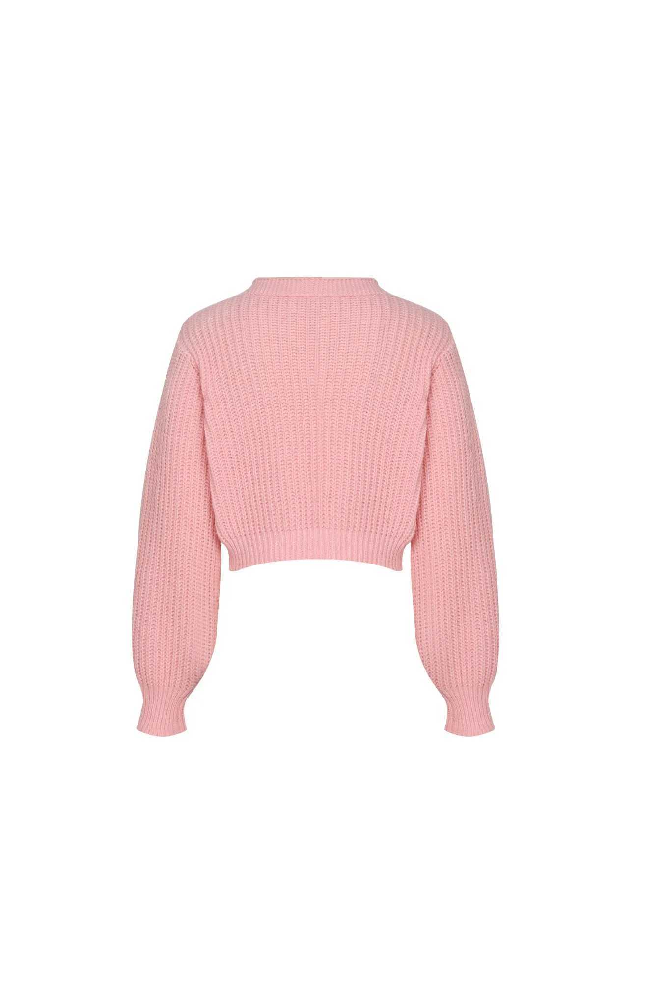 Womens Pink Strawberry Embroidered Button Front Crop Knit Cardigan Casual Long Sleeve Slim Fit Outerwear M260306