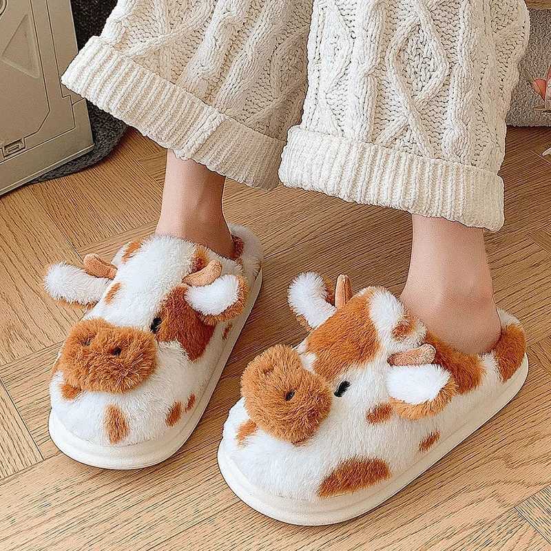Womens Winter Warm Cartoon Cow Slippers Closed Toe Non Slip Furry House Shoes Women Indoor Bedroom Thick Sole Plush Slippers S260305