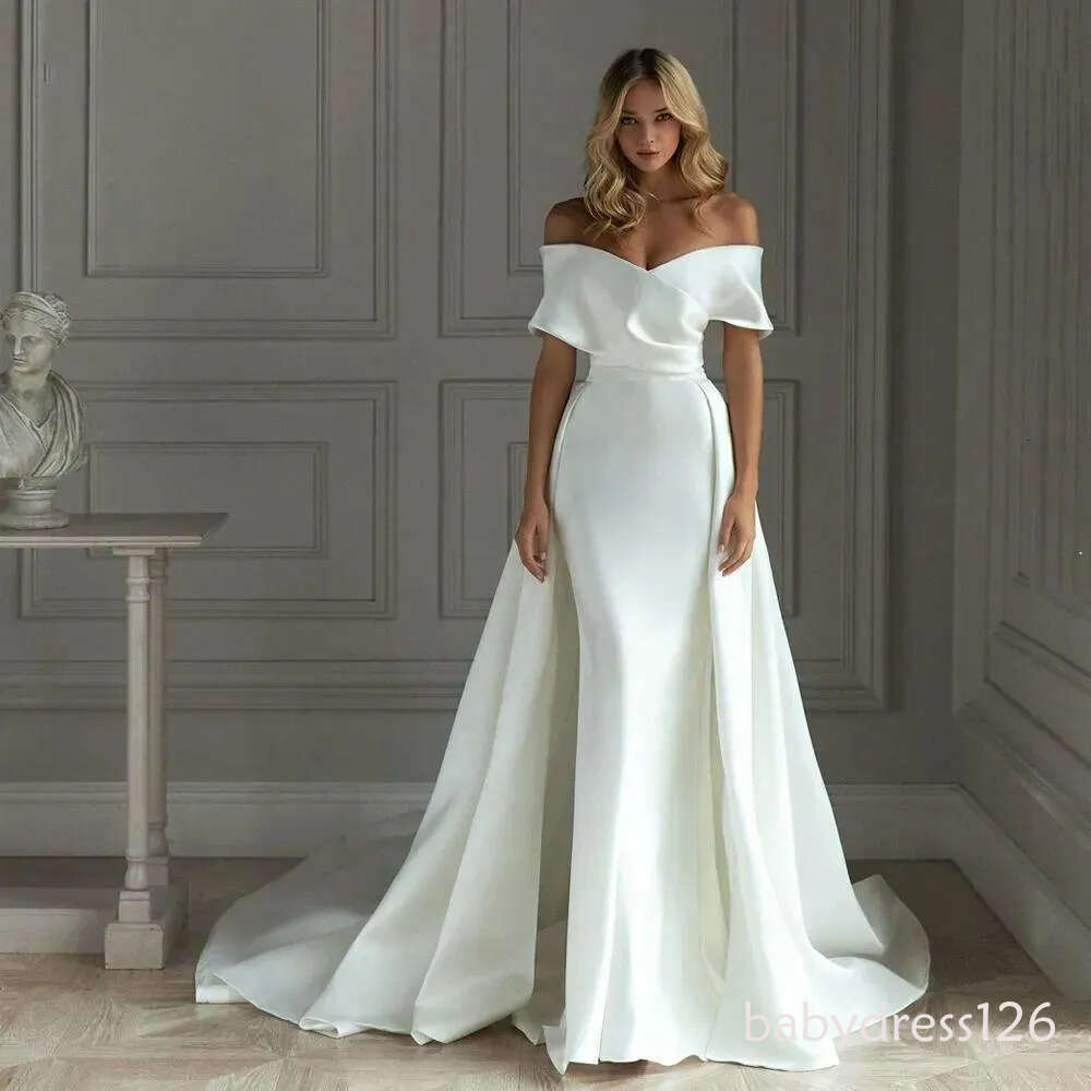 2026 Satin Mermaid Wedding Dress With Detachable Train Off Shoulder Floor Length Bride Dresses Vestido De Noiva