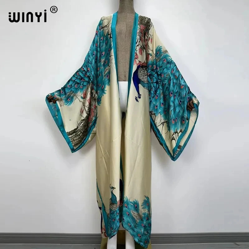 WINYI Summer Women Cardigan stitch Cocktail sexy Boho Maxi African Holiday Batwing Sleeve Silk feeling Robe kimono kaftan 260228