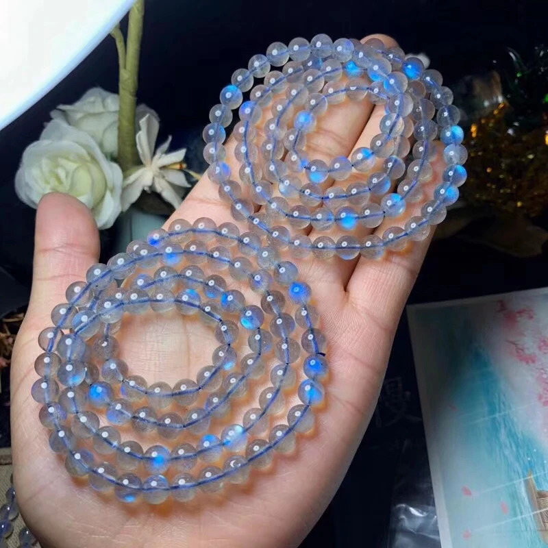 Natural Labradorite Blue Light 3 Laps Bracelet 6mm Women Men Clear Round Beads Necklace Grey Moonstone Stone AAAAA 260302