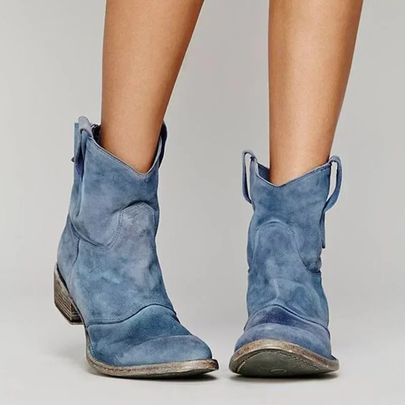Vintage Cowboy Ankle Boots for Women Pointed Toe Low Heels Western Botas Female Autumn Winter Slip on PU Leather Booties 260303