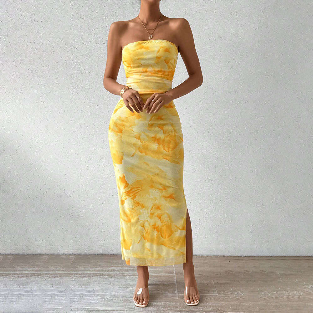 Cross-Border Women's TK Mesh Printed 2026 Spring Summer New High Waist Slim Fit Slit Tube Top Bodycon Dress