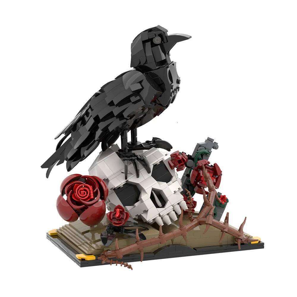 MOC Crow Skull Roses Bouquet Building Blocks Model Horror Gothic Skeleton Flowers Plant Pot Bricks Assembly Toys Kids DIY Gifts Z260306