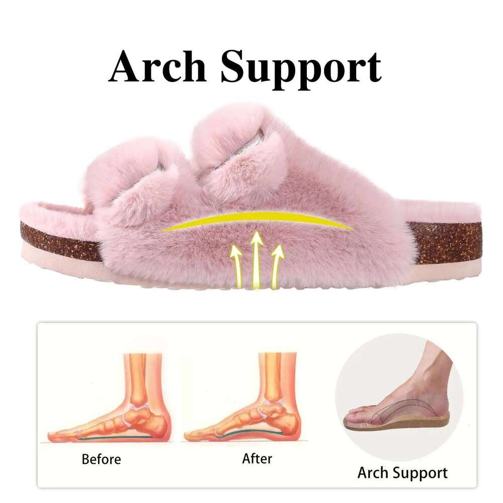 Litfun Winter Women's Fluffy Cork Comfy Arch Support Fuzzy Slippers Open Toe Plush House Slides With Adjustable Buckle
