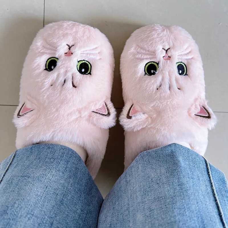 2026 New Winter Home Slippers Women Shoes Cute Cartoon Cat Slippers Men Warm Plush Slides Indoor Bedroom Non-Slip Floor Slipper S260305