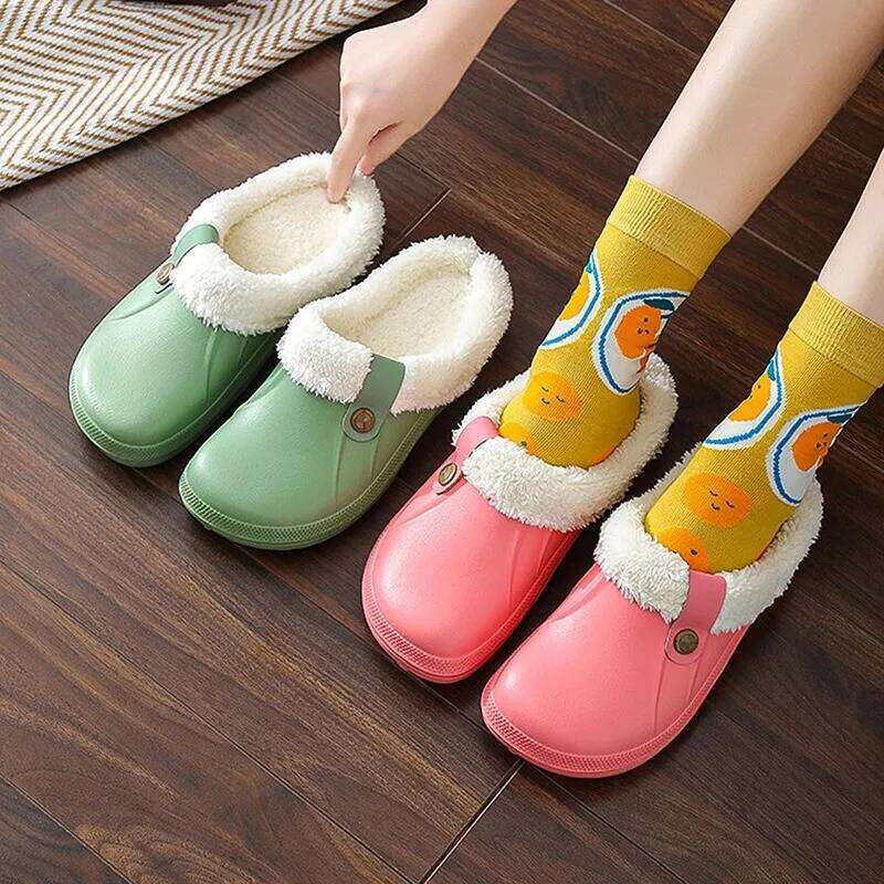 Litfun Female Clogs Couples Home Bedroom Fuzzy Slides Soft Sole Waterproof EVA Plush Women Warm Slippers Garden Shoes