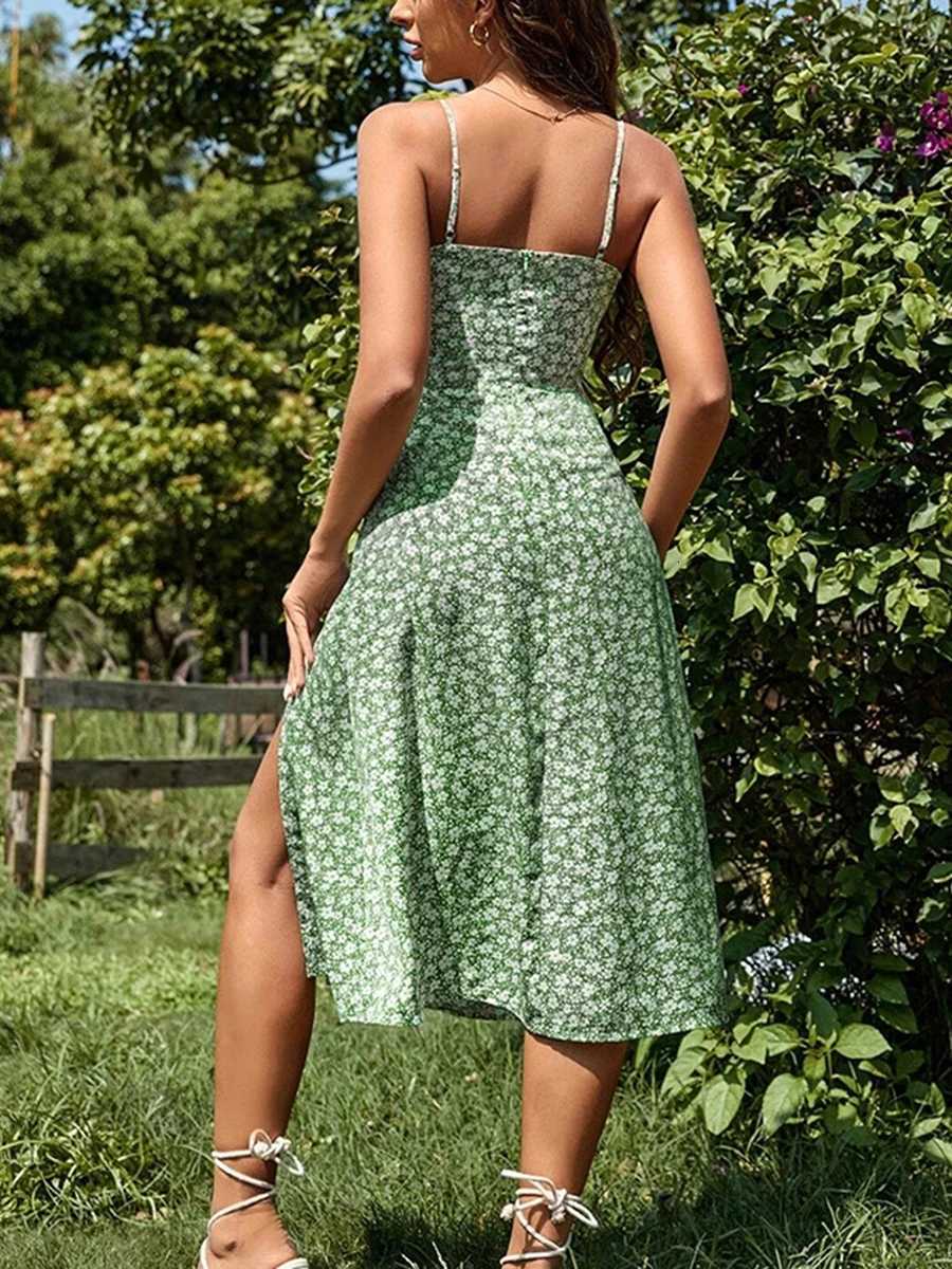 Floral Summer Dress Women Flower Print Spaghetti Strap Sleeveless High Slit Dress X260306